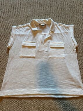 LOFT White Short-Sleeve Polo Top with Dual Chest Pockets